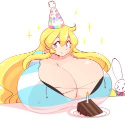 Rule 34 | 1girl, party hat, blonde hair, blue eyes, breast rest, breasts, rabbit, cake, cassie (theycallhimcake), cleavage, curvy, food, gigantic breasts, long hair, looking at viewer, original, smile, solo focus, sparkle, theycallhimcake