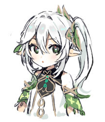 Rule 34 | 1girl, blush, child, cross-shaped pupils, detached sleeves, dress, genshin impact, gradient hair, green eyes, green hair, hair ornament, leaf hair ornament, long hair, multicolored hair, nahida (genshin impact), open mouth, pinch (nesume), pointy ears, side ponytail, solo, symbol-shaped pupils, white background, white dress, white hair