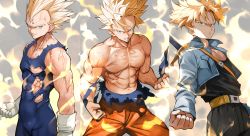 Rule 34 | 3boys, abs, absurdres, aqua eyes, bare shoulders, belt, belt buckle, blonde hair, blue jacket, buckle, clenched hands, collarbone, cowboy shot, cropped jacket, dragon ball, dragonball z, father and son, gloves, grin, highres, jacket, looking at viewer, majin vegeta, multiple boys, muscular, pectorals, serious, sheath, sheathed, topless male, skin tight, smile, son goku, spiked hair, super saiyan, super saiyan 1, sword, torn clothes, trunks (dragon ball), trunks (future) (dragon ball), vegeta, veins, weapon, white gloves, widow&#039;s peak, yoshio (55level)