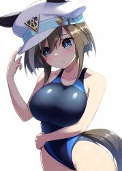 Rule 34 | 1girl, alternate costume, animal ears, arm under breasts, bare shoulders, blue eyes, blue one-piece swimsuit, breasts, brown hair, cheval grand (umamusume), commentary request, competition school swimsuit, competition swimsuit, ear covers, highleg, highleg swimsuit, highres, horse ears, horse girl, horse tail, large breasts, multicolored hair, one-piece swimsuit, pataneet, school swimsuit, simple background, solo, streaked hair, swimsuit, tail, umamusume, white background, white hair, white headwear