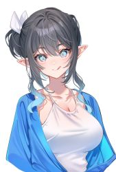 Rule 34 | 1girl, black hair, blue eyes, blue hair, breasts, commentary request, cropped arms, elf, gradient hair, halterneck, highres, large breasts, licking lips, looking at viewer, multicolored hair, original, pointy ears, shuri (84k), sidelocks, simple background, smile, solo, tongue, tongue out, two-tone hair, upper body, white background