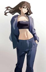 Rule 34 | 1girl, blue jacket, blue pants, breasts, brown eyes, brown hair, commentary, feet out of frame, floating hair, hands in pockets, head tilt, highres, jacket, kimura 731, long hair, long sleeves, looking ahead, medium breasts, midriff, navel, open clothes, open jacket, original, pants, parted lips, signature, simple background, solo, standing, strapless, symbol-only commentary, symbol-shaped pupils, tube top, white background