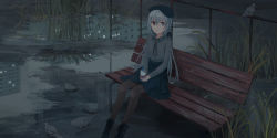 Rule 34 | 1girl, animal, bench, beret, bird, black footwear, blue hat, blue skirt, boots, bottle, brown pantyhose, building, chihuri, collared shirt, commentary request, cross-laced footwear, dress shirt, eve (chihuri), grey eyes, grey hair, grey shirt, hair between eyes, hat, heterochromia, highres, holding, holding bottle, lace-up boots, long hair, long sleeves, looking at viewer, on bench, original, pantyhose, park bench, pigeon, puddle, red eyes, reflection, shirt, sitting, skirt, solo, very long hair, water