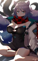 Rule 34 | 1girl, 360 (taiyo360), absurdres, arknights, bare shoulders, blue eyes, blue hair, breasts, checkered clothes, checkered scarf, cleavage, commentary, deepcolor (arknights), deepcolor (elite ii) (arknights), dress, foot out of frame, gradient hair, highres, jacket, large breasts, long sleeves, looking at viewer, microdress, multicolored hair, no eyewear, off shoulder, open clothes, open jacket, pointy hair, purple hair, scarf, short hair, sitting, solo, strapless, strapless dress, thigh strap, thighs, wariza, white jacket