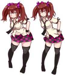 Rule 34 | &gt;:o, 1girl, :o, bad id, bad pixiv id, belly, black thighhighs, blush, breasts, brown eyes, brown hair, bursting belly, checkered clothes, checkered skirt, collared shirt, contrapposto, dual persona, full body, hair ribbon, hands on own hips, hat, himekaidou hatate, long hair, looking at viewer, medium breasts, multiple views, navel, necktie, no shoes, plump, ribbon, shirt, shy, skindentation, skinny, skirt, standing, thick thighs, thighhighs, thighs, tokin hat, touhou, tsurime, twintails, undersized clothes, v-shaped eyebrows, weight gain, wristband, yukinojou yakan