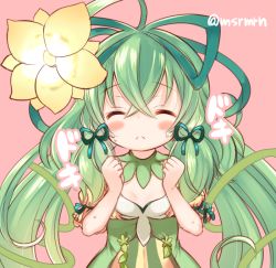 Rule 34 | 1girl, alraune (p&amp;d), bad id, bad pixiv id, blush, clenched hands, detached collar, closed eyes, flower, frown, hair flower, hair ornament, hair ribbon, heartbeat, long hair, mashiro miru, monster girl, pink background, plant girl, puzzle &amp; dragons, ribbon, solo, sweat, twitter username, upper body, waiting for kiss