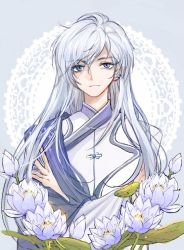 Rule 34 | 1boy, blue eyes, cardcaptor sakura, chinese clothes, crossed arms, earrings, flower, grey background, jewelry, long hair, looking at viewer, lotus, male focus, rela xixuegui, solo, toga, upper body, very long hair, white hair, yue (cardcaptor sakura)