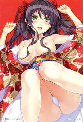Rule 34 | 1girl, absurdres, bare shoulders, blush, breasts, breasts apart, brown hair, cameltoe, copyright request, fang, green eyes, hair over breasts, hair ribbon, highres, japanese clothes, kimono, legs up, lying, misaki kurehito, nipples, obi, off shoulder, on back, panties, ribbon, sash, scan, solo, two side up, underwear, white panties