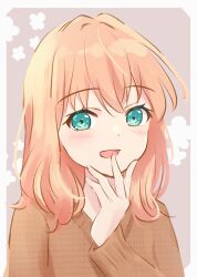Rule 34 | 1girl, absurdres, aqua eyes, blush, border, brown background, brown sweater, commentary request, flower (symbol), hand on own chin, hand up, highres, hinoshita kaho, link! like! love live!, long sleeves, looking at viewer, love live!, medium hair, open mouth, orange hair, outside border, simple background, smile, sweater, upper body, virtual youtuber, white border, yutuki ame
