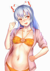 1girl absurdres bikini blush bow female_focus fujiwara_no_mokou hair_bow hand_on_own_hip head_tilt highres jacket jacket_over_swimsuit joeychen long_hair navel o-ring o-ring_bikini o-ring_top open_clothes open_jacket open_mouth orange_bikini red_eyes silver_hair solo swimsuit touhou twirling_hair wavy_mouth