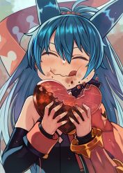 Rule 34 | 1girl, ^ ^, blue hair, candy, chocolate, chocolate heart, closed eyes, closed mouth, clothes writing, dragon tail, food, hair between eyes, hands up, heart, highres, holding, holding chocolate, holding food, long hair, multicolored tail, orange tail, original, rumie, single bare shoulder, single wrist cuff, smile, solo, tail, tail raised, tiona, tongue, tongue out, upper body, wavy mouth, white tail, wrist cuffs