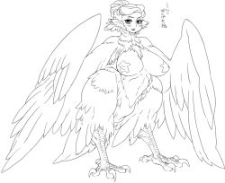 Rule 34 | 1girl, breasts, feathers, female focus, full body, harpy, huge breasts, looking at viewer, monochrome, monster girl, nezunezu, pasties, simple background, solo, translated, wings