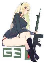 Rule 34 | 1girl, battle rifle, beijuu, blonde hair, boots, breasts, character name, g3 (girls&#039; frontline), girls&#039; frontline, gun, h&amp;k g3, high heel boots, high heels, highres, holding, holding gun, holding weapon, knee boots, large breasts, long hair, long sleeves, parted lips, purple eyes, rifle, sitting, solo, teeth, thigh strap, weapon, white background