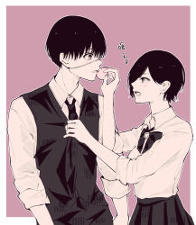 Rule 34 | 1boy, 1girl, :d, arms at sides, bad id, bad pixiv id, blush, border, bow, bowtie, collared shirt, commentary request, cowboy shot, from side, hand up, highres, holding, kaneki ken, kirishima touka, long sleeves, looking at another, male focus, monochrome, necktie, necktie grab, neckwear grab, open mouth, outline, pink background, pleated skirt, profile, red background, shirt, shirt tucked in, short hair, simple background, skirt, smile, teeth, tokyo ghoul, toukaairab, translation request, upper teeth only, vest, white border, white outline