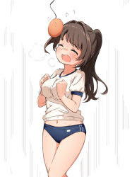 Rule 34 | 1girl, blush, bouncing breasts, bread eating race, breasts, breasts squeezed together, brown hair, buruma, clenched hand, closed eyes, idolmaster, idolmaster cinderella girls, jumping, kuwahara, navel, open mouth, shimamura uzuki, thighs, white background