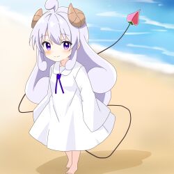 1girl ahoge barefoot beach blush brown_horns closed_mouth collared_dress commentary_request curled_horns curly_hair demon_girl demon_tail dot_nose dress full_body highres horns kotatsu-mazoku lilith_(machikado_mazoku) lilith_(machikado_mazoku)_(homunculus) long_hair long_sleeves looking_at_viewer machikado_mazoku neck_ribbon outdoors purple_eyes purple_hair purple_ribbon ribbon sidelocks sleeves_past_fingers sleeves_past_wrists smile solo standing tail water white_dress