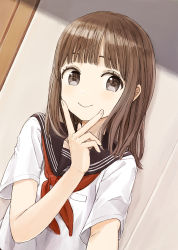 Rule 34 | 1girl, black sailor collar, blush, brown eyes, brown hair, closed mouth, collarbone, commentary request, dutch angle, eyebrows hidden by hair, indoors, long hair, nasuna, neckerchief, original, outstretched arm, reaching, reaching towards viewer, red neckerchief, sailor collar, school uniform, selfie, serafuku, shirt, short sleeves, smile, solo, v, v over mouth, white shirt