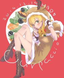 Rule 34 | animal costume, animal hood, antlers, bell, black gloves, blonde hair, boots, bow, brown capelet, brown dress, brown footwear, capelet, carpaccio (girls und panzer), character name, commentary, cross-laced footwear, dated, dress, fake antlers, fingerless gloves, floating, from side, fur-trimmed capelet, fur-trimmed dress, fur-trimmed gloves, fur trim, girls und panzer, gloves, green eyes, highres, hood, hood up, hooded capelet, horns, lace-up boots, long hair, looking at viewer, met tiger, open mouth, red background, red bow, reindeer antlers, reindeer costume, reindeer hood, short dress, solo