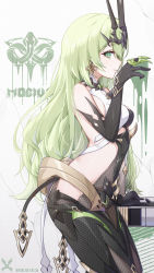 Rule 34 | 1girl, asymmetrical gloves, bare shoulders, black dress, black gloves, character name, claws, closed mouth, crown, dress, earrings, elbow gloves, gloves, green eyes, green hair, hair between eyes, highres, honkai (series), honkai impact 3rd, jewelry, long hair, looking at viewer, looking to the side, mismatched gloves, mobius (honkai impact), sleeveless, sleeveless dress, smile, solo, wood cube