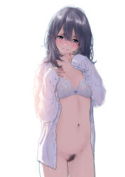 Rule 34 | 1girl, black hair, blush, bottomless, bra, breasts, brown eyes, collarbone, commentary request, cowboy shot, dress shirt, female pubic hair, flower bra, hair between eyes, hands up, highres, hikage no uta, ichijou hinata, lace, lace bra, long sleeves, looking at viewer, medium hair, midriff, navel, open clothes, open shirt, pubic hair, pussy juice, shirt, simple background, small breasts, smile, solo, sweat, tanakomu, underwear, white background, white bra, white shirt