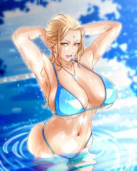 1girl bikini blonde_hair blue_bikini breasts brown_eyes cleavage collarbone cowboy_shot facial_mark forehead_mark hands_behind_own_head highleg highleg_bikini highres jewelry large_breasts long_hair looking_at_viewer naruto naruto_(series) navel necklace parted_lips pendant red_nails saburo_des sanpaku sideboob swimsuit tsunade_(naruto) twitter_username underboob water