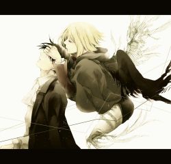 Rule 34 | 1boy, 1girl, black hair, blonde hair, cape, closed eyes, covering own eyes, feathered wings, from side, hands on another&#039;s face, letterboxed, levi (shingeki no kyojin), petra ral, saku (kisaragirion), shingeki no kyojin, spoilers, tears, white background, wings