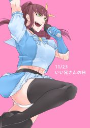 Rule 34 | 1boy, abs, arm up, black thighhighs, blue gloves, blue skirt, bow, breast padding, brown hair, bulge, crop top, gloves, hair ornament, highres, ho shi 11, holding, holding microphone, idol, kay (rosen garten saga), long hair, looking to the side, microphone, midriff, open mouth, pink background, ponytail, rosen garten saga, sidelocks, simple background, skirt, smile, solo, star (symbol), star hair ornament, striped, striped bow, thighhighs, trap