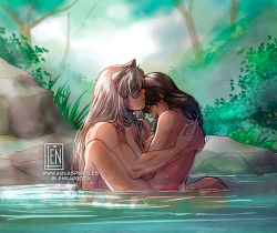 Rule 34 | 1boy, 1girl, black hair, breasts, collarbone, completely nude, couple, day, forest, girl on top, hetero, higurashi kagome, inuyasha, inuyasha (character), jewelry, lennys, lens flare, long hair, medium breasts, mixed-sex bathing, nature, necklace, nipples, nude, outdoors, partially submerged, river, sex, shared bathing, sitting, sparkle, straight hair, very long hair, watermark, web address, white hair