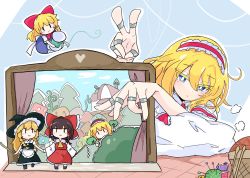 Rule 34 | 2girls, alice margatroid, blonde hair, blue eyes, bow, bright pupils, closed mouth, doll joints, frilled hairband, frills, hair bow, hairband, hakurei reimu, highres, holding, jewelry, joints, kirisame marisa, lolita hairband, long hair, looking at viewer, multiple girls, puppet, puppet rings, puppet show, puppet strings, red bow, red hairband, ring, shanghai doll, short hair, tatutaniyuuto, touhou, white pupils, yarn, yarn ball