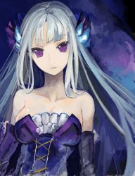 Rule 34 | 1girl, alternate costume, alternate hairstyle, bare shoulders, blunt bangs, breasts, cleavage, drawr, dress, gwendolyn (odin sphere), hair down, hair ornament, long hair, medium breasts, odin sphere, oekaki, pupps, purple eyes, solo, strapless, strapless dress, upper body, white hair