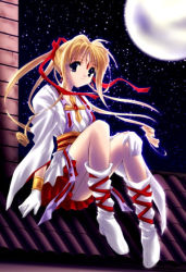 Rule 34 | 1990s (style), 1girl, artist request, blonde hair, boots, cross, cross-laced footwear, gloves, kaitou jeanne, kamikaze kaitou jeanne, kusakabe maron, long hair, lowres, moon, moonlight, night, night sky, retro artstyle, rooftop, sitting, skirt, sky, solo, source request, star (sky), starry sky, white footwear, white gloves