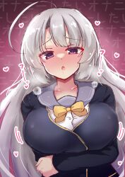 Rule 34 | 1girl, absurdres, ahoge, arm at side, arm under breasts, aroused, ayachi nene, black jacket, blush, bow, breast hold, breasts, chestnut mouth, colored eyelashes, commentary, drooling, eyes visible through hair, fidgeting, full-face blush, furrowed brow, grabbing own arm, grey hair, grey sailor collar, hair between eyes, hakutocake, heart, heart-shaped pupils, heavy breathing, highres, jacket, large breasts, long hair, long sleeves, looking at viewer, motion lines, mouth drool, open mouth, pink background, purple eyes, sailor collar, sanoba witch, school uniform, simple background, solo, straight-on, sweat, symbol-shaped pupils, very long hair, visible air, yellow bow