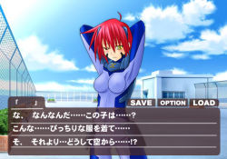 Rule 34 | 1girl, blue bodysuit, blush, bodysuit, breasts, covered erect nipples, fake screenshot, frown, lyrical nanoha, mahou shoujo lyrical nanoha, mahou shoujo lyrical nanoha strikers, medium breasts, nove (nanoha), numbers (nanoha), one eye closed, parody, red hair, short hair, skin tight, solo, translation request, wink, yellow eyes