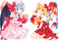 Rule 34 | 2girls, :p, absurdres, arm up, ascot, bat wings, blonde hair, blue brooch, blue hair, blurry, breasts, brooch, commentary request, crystal, depth of field, flandre scarlet, food, food-themed background, frilled shirt collar, frilled skirt, frills, fruit, fruit background, hair between eyes, hat, hat ribbon, highres, holding, holding food, holding fruit, jewelry, juice, licking lips, looking at viewer, mob cap, multiple girls, petticoat, pink hat, pink shirt, pink skirt, puffy short sleeves, puffy sleeves, red ascot, red eyes, red skirt, red vest, remilia scarlet, ribbon, seiza, shirt, short hair, short sleeves, siblings, side ponytail, simple background, sisters, sitting, skirt, skirt set, small breasts, smile, solanikieru, solo, strawberry, tongue, tongue out, touhou, vest, wariza, white background, white hat, white shirt, wings, wrist cuffs, yellow ascot