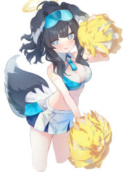 Rule 34 | 1girl, animal ears, bare arms, bare shoulders, black hair, blue archive, blue eyes, blush, breasts, cheerleader, crop top, dog ears, dog girl, dog tail, eyewear on head, goggles, goggles on head, halo, hibiki (blue archive), hibiki (cheer squad) (blue archive), holding, holding pom poms, long hair, looking at viewer, midriff, millennium cheerleader outfit (blue archive), miniskirt, open mouth, pom pom (cheerleading), pom poms, simple background, skirt, solo, star sticker, sticker on arm, sticker on face, tail, virus (obsession), white background, white skirt