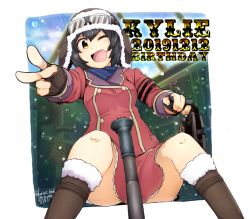 Rule 34 | 1girl, ;d, airplane interior, artist name, bad id, bad pixiv id, birthday, black footwear, black hair, black hat, blue scarf, boots, brown eyes, brown gloves, character name, clothes between thighs, coat, commentary request, dated, day, dress, english text, fingerless gloves, foreshortening, fur-trimmed boots, fur-trimmed headwear, fur trim, gloves, goggles, goggles on head, hat, kirie (kouya no kotobuki hikoutai), kouya no kotobuki hikoutai, long sleeves, looking at viewer, one eye closed, open mouth, outside border, partial commentary, red dress, scarf, short dress, short hair, signature, sitting, smile, solo, sparkle, tsukasa-emon, twitter username, v