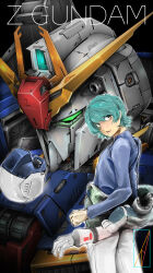 1boy aeug barrel_(weapon) blue_hair character_name commentary_request denjyou23 derivative_work gun gundam hangar helmet highres kamille_bidan looking_at_viewer machine_gun machinery mecha mobile_suit pilot_suit robot science_fiction space_helmet spacecraft_interior spacesuit title upper_body v-fin weapon zero_gravity zeta_gundam zeta_gundam_(mobile_suit) zeta_gundam_define