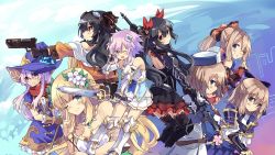 Rule 34 | 10s, 6+girls, armor, bare shoulders, black hair, blanc (neptunia), blonde hair, blue eyes, breasts, brown hair, cleavage, fantasy, female focus, flower, four goddesses online: cyber dimension neptune, from side, gauntlets, goggles, goggles on head, greaves, gun, hair flower, hair ornament, hat, highres, long hair, looking at viewer, medium breasts, multiple girls, nepgear, neptune (neptunia), neptune (series), noire (neptunia), normaland, one eye closed, open mouth, polearm, ponytail, purple eyes, purple hair, ram (neptunia), red eyes, ribbon, rom (neptunia), short hair, siblings, sisters, smile, spear, sword, twins, twintails, two side up, uni (neptunia), v, vert (neptunia), very long hair, weapon, witch hat