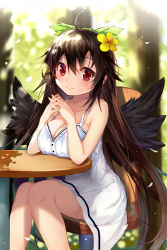 Rule 34 | 1girl, black wings, bow, breast rest, breasts, brown hair, chair, cleavage, closed mouth, commentary request, day, dress, efe, flower, green bow, hair between eyes, hair bow, hair flower, hair ornament, interlocked fingers, large breasts, legs together, long hair, looking at viewer, mole, mole on breast, outdoors, red eyes, reiuji utsuho, sitting, smile, solo, touhou, very long hair, white dress, wings