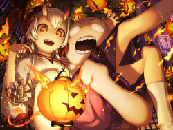 Rule 34 | 1boy, 1girl, :d, :o, bag, bald, brown eyes, candy, carrying, character request, dai tokyo oniyome-den, dated, fire, halloween, hand up, harayukisodati, highres, holding, holding lantern, horns, kneehighs, lantern, long hair, looking at viewer, manaka douji, mask, mask on head, night, oni horns, open mouth, paper lantern, princess carry, smile, socks, talisman, white hair, white socks, wrapped candy