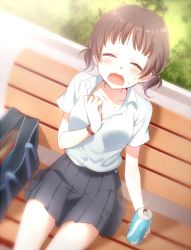 Rule 34 | 1girl, bad id, bad pixiv id, bag, bench, blush, brown hair, can, closed eyes, collar tug, collarbone, dress shirt, drink can, hot, iwaoka (sikabanenomiti park), lens flare, open mouth, original, pleated skirt, school bag, school uniform, shirt, short twintails, sitting, skirt, soda can, solo, sweat, twintails, wavy mouth, wristband