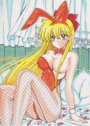 Rule 34 | 1990s (style), 1girl, absurdres, aino minako, animal ears, arm support, bishoujo senshi sailor moon, blonde hair, breasts, censored, convenient censoring, covered erect nipples, detached collar, fake animal ears, highres, legs up, long hair, looking at viewer, petals, playboy bunny, rabbit ears, rascal (n119), retro artstyle, sailor venus, sitting, solo, wrist cuffs