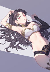 Rule 34 | 1girl, absurdres, arm up, armlet, armpits, bikini, black hair, bracelet, breasts, detached sleeves, earrings, fate/grand order, fate (series), gold trim, hair ribbon, highres, hoop earrings, ishtar (fate), jewelry, long hair, looking at viewer, lying, medium breasts, mismatched bikini, neck ring, on back, parted bangs, parted lips, red eyes, ribbon, single detached sleeve, solo, sugarhigh, swimsuit, thighlet, thighs, tiara, two side up