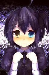 Rule 34 | 1girl, ahoge, alternate costume, aqua eyes, black dress, black ribbon, blush, chuunibyou demo koi ga shitai!, clenched hands, closed mouth, commentary request, dot nose, dress, faubynet, hair between eyes, hair ornament, hair ribbon, heterochromia, highres, looking at viewer, one side up, purple hair, ribbon, short hair, smile, solo, sparkle, sparkling eyes, takanashi rikka, upper body, yellow eyes