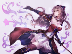 Rule 34 | 10s, 1girl, bad id, bad pixiv id, black thighhighs, breasts, brown hair, cleavage, detached collar, detached sleeves, dress, gloves, granblue fantasy, hair ribbon, holding, holding sword, holding weapon, large breasts, long hair, parted lips, pokimari, ribbon, sheath, solo, sword, thighhighs, vira (granblue fantasy), weapon, yellow eyes