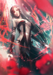 Rule 34 | 1girl, arm strap, bare shoulders, black dress, black gloves, blurry, blurry foreground, breasts, brown hair, center opening, choker, collarbone, depth of field, dress, dual wielding, earrings, elbow gloves, fate/grand order, fate (series), floating hair, glint, gloves, highres, holding, holding sword, holding weapon, jewelry, light particles, light rays, long hair, looking at viewer, medium breasts, multiple earrings, navel, nina (ninageya), petals, red eyes, revealing clothes, sidelocks, solo, strapless, strapless dress, sword, very long hair, weapon, wind, yu mei-ren (fate)