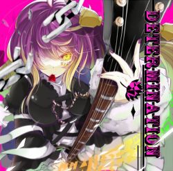 Rule 34 | 1girl, chain, female focus, guitar, hair over one eye, hijiri byakuren, instrument, looking at viewer, lowres, mito (calcomer), mouth hold, nail polish, plectrum, solo, touhou, yellow eyes