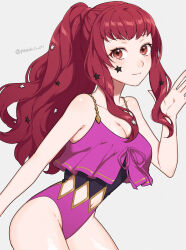 Rule 34 | 1girl, alternate costume, alternate hairstyle, breasts, cleavage, commentary, facial mark, fire emblem, fire emblem engage, hair ornament, highres, large breasts, long hair, looking at viewer, nintendo, official alternate costume, one-piece swimsuit, peach11 01, pink one-piece swimsuit, ponytail, red eyes, red hair, smile, solo, star (symbol), star facial mark, star hair ornament, swimsuit, waving, wavy hair, yunaka (fire emblem)