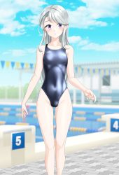 Rule 34 | 1girl, alternate costume, asymmetrical bangs, blue one-piece swimsuit, blue sky, breasts, cameltoe, commentary request, competition swimsuit, covered navel, day, feet out of frame, grey hair, highleg, highleg swimsuit, highres, kantai collection, lane line, long hair, one-piece swimsuit, outdoors, pennant, pool, poolside, purple eyes, sagiri (kancolle), sky, small breasts, solo, standing, starting block, string of flags, swept bangs, swimsuit, takafumi