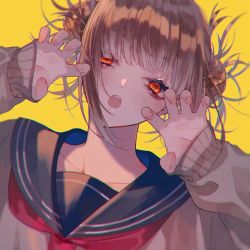Rule 34 | 1girl, blush, boku no hero academia, brown hair, claw pose, double bun, dutch angle, eyelashes, female focus, fingernails, hair bun, hands up, highres, long sleeves, looking at viewer, messy hair, neckerchief, open mouth, orange eyes, portrait, red neckerchief, school uniform, serafuku, shichi (kotoneco0711), sidelocks, simple background, sleeves past wrists, solo, sweater, toga himiko